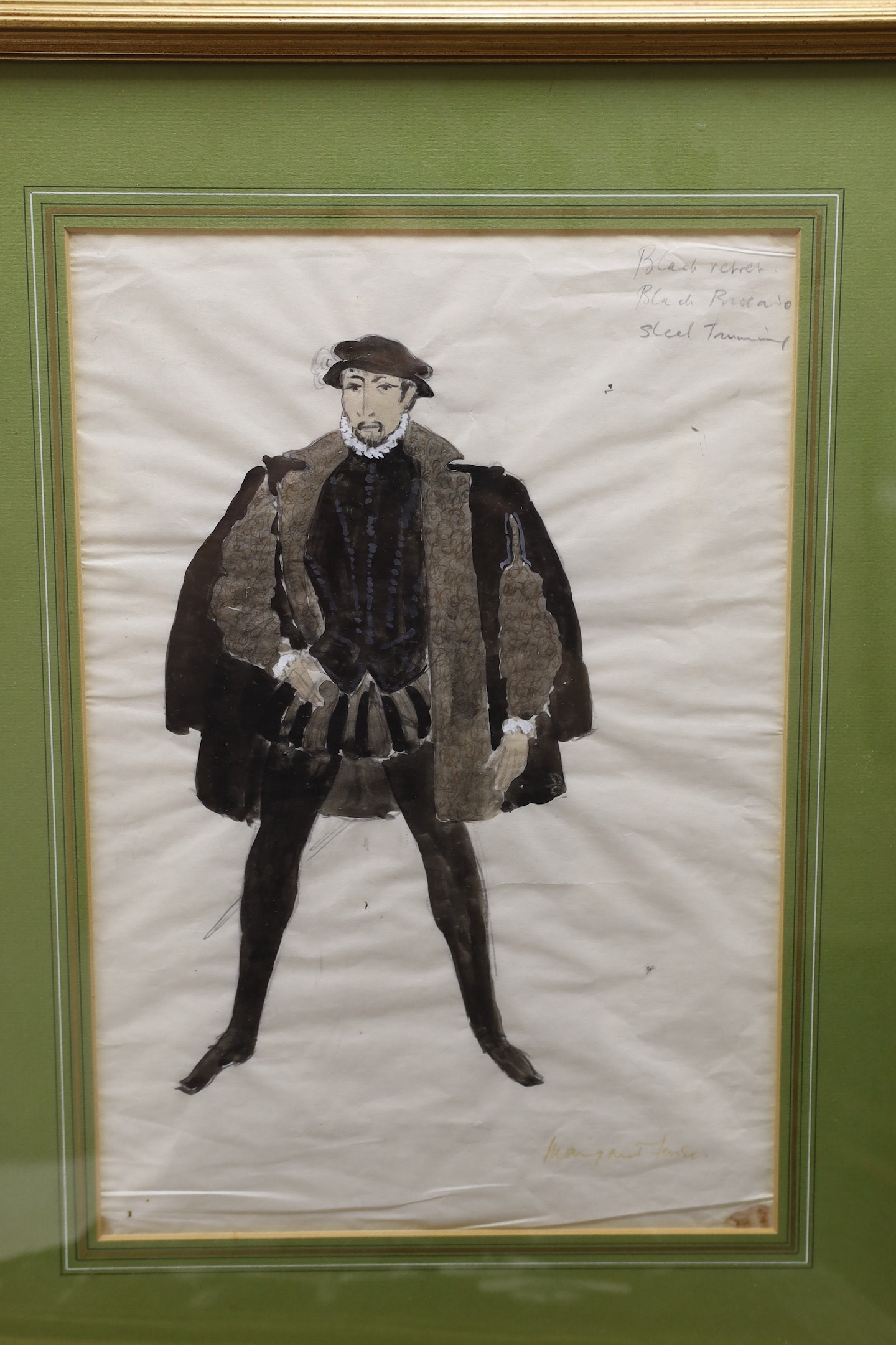 Margaret Furse, four pencil and watercolour costume designs, together with eight black and white photographs of Universal Pictures film, Mary, Queen of Scots, watercolours 39 x 27cm, photographs 61 x 50cm